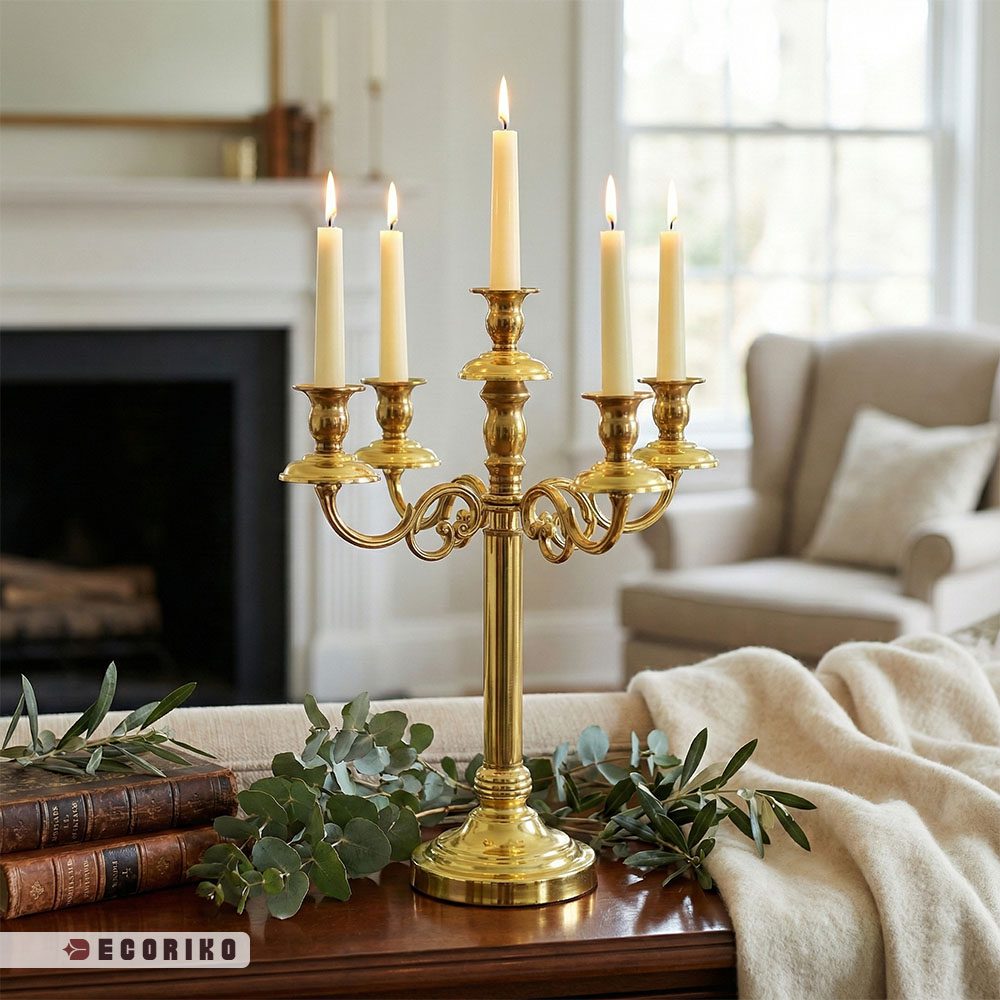 خرید شمعدان ۵ شعله طلایی ۵۰ سانت برای روی میز و شومینه