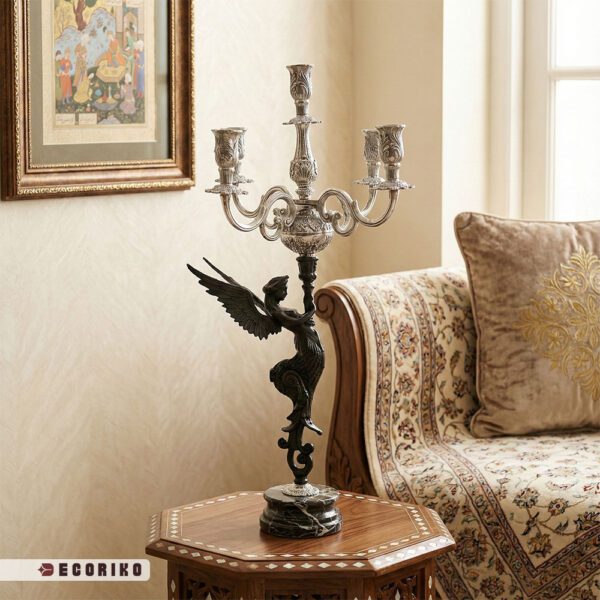 شمعدان ۵ شعله نقره ای طرح فرشته ایستاده روی پایه سنگی مرمر