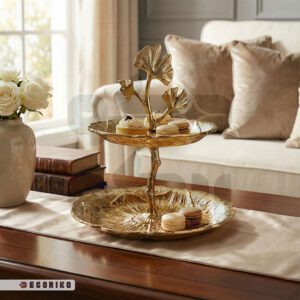 شیرینی خوری طلایی دو طبقه فلزی مناسب چیدمان شیرینی و فینگرفود