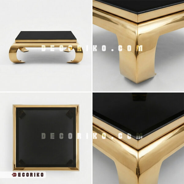 نمای نزدیک پایه منحنی و کیفیت آبکاری میز جلو مبلی استیل طلایی